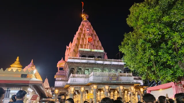 Mahakaleshwar Temple illuminated at night in Ujjain
